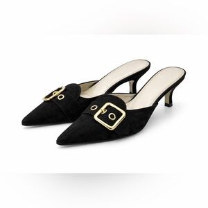 Vintage Y2K Talbots Black Suede Pointed-Toe Buckle Mule Heels 7.5